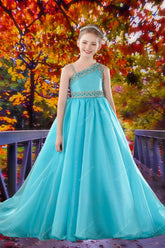Turquoise One-Shoulder Girls Pageant Dress – Brydealo Couture